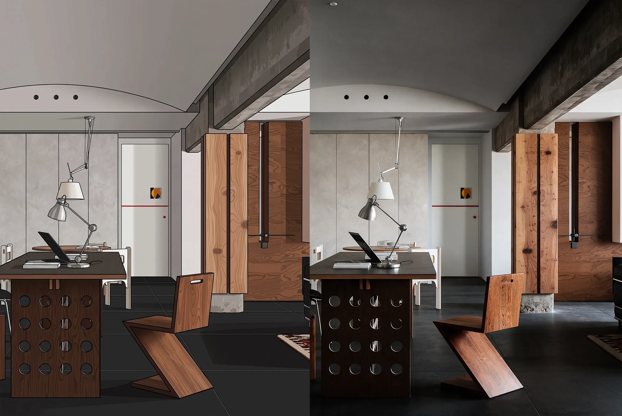 Wood-tone living space SketchUp model render
